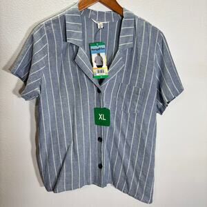 NWT Hang Ten XL Linen Blend Blue Stripe Button Front Shirt Pocket Top